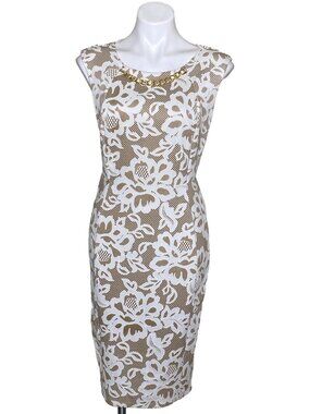 Kate & Lily Women's Beige Lace Overlay Sheath Dress, Gold Chain Necklace Size 8